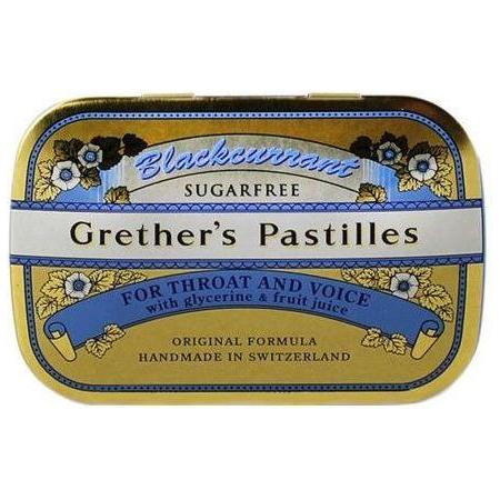 Blackcurrant sugar-free Grether's Pastilles Lozenges in a clear package, designed for soothing throat relief.