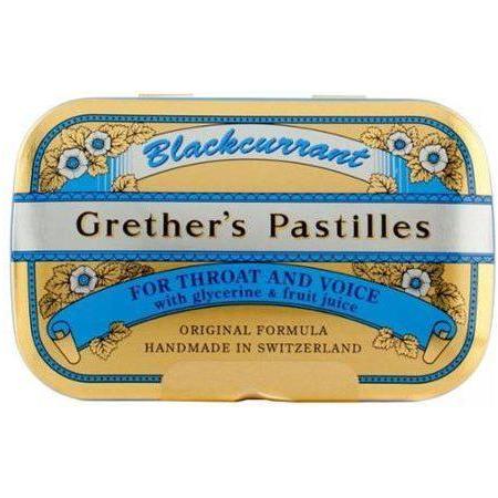 Blackcurrant sugar-free lozenges by Grether's Pastilles in 3.75 oz pack, featuring 44 lozenges for soothing relief.