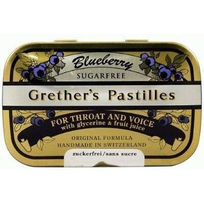 Blueberry sugar-free Grether's Pastilles Lozenges in a clear package, designed for soothing throat relief by Pasteur Pharmacy.