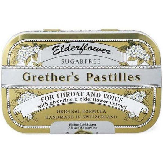 Grether's Elderflower Sugar-Free Lozenges by Pasteur Pharmacy in a 3.75 oz. box with 44 lozenges displayed