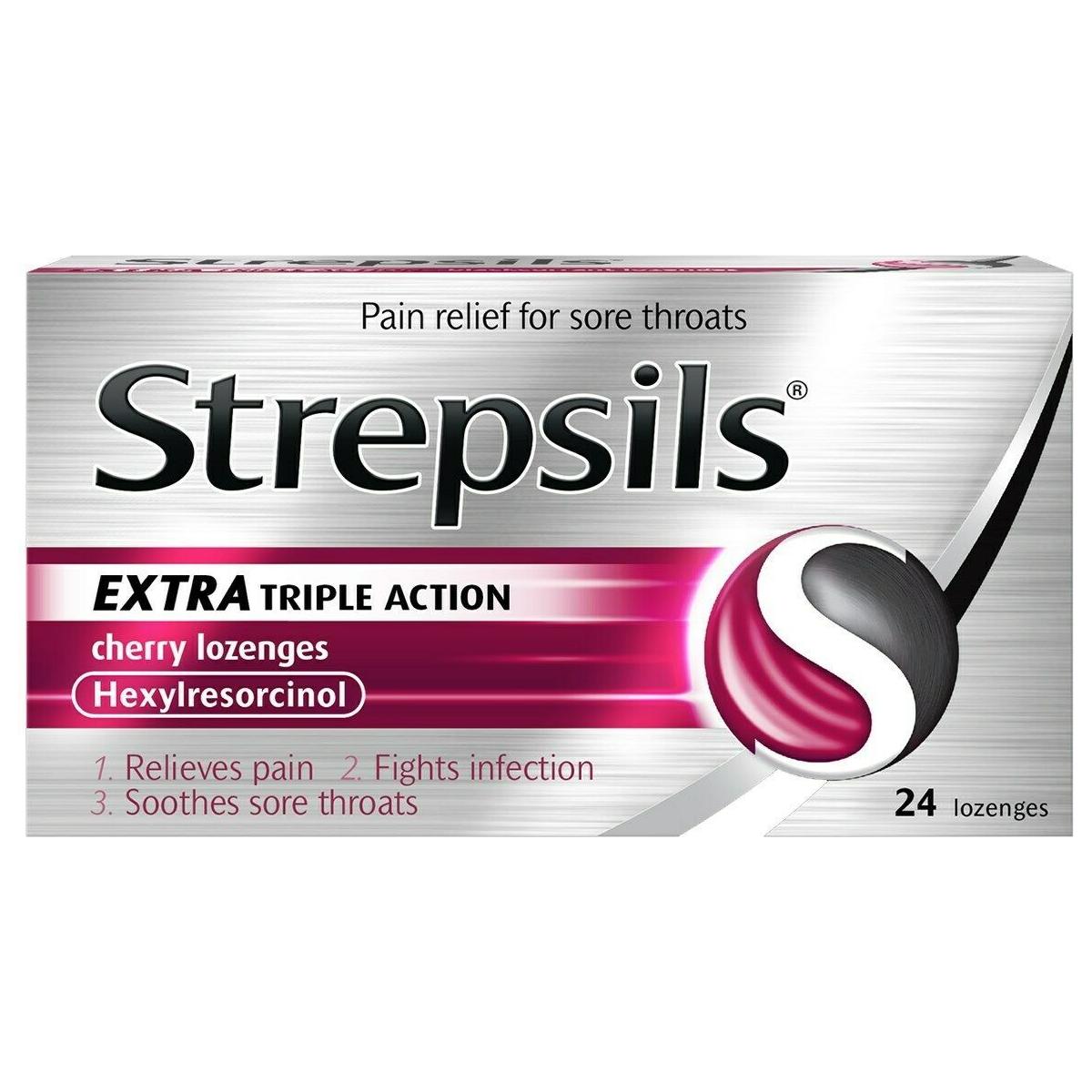 Cherry-flavored Strepsils Extra Triple Action Lozenges by Pasteur Pharmacy, 24 lozenges for sore throat relief.
