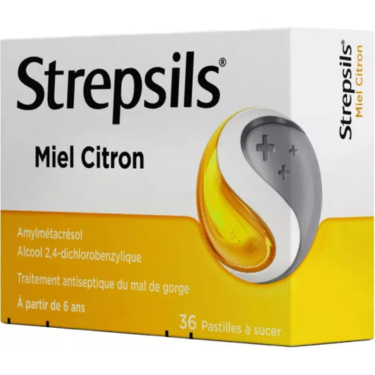 Pack of 36 Strepsils Miel Citron Lozenges for sore throat relief, produced by Pasteur Pharmacy, with honey and lemon flavor.