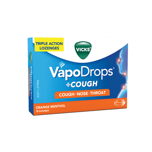 Vicks VapoDrops cough lozenges in a clear container, featuring Vicks branding and orange and white packaging.
