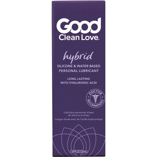 Good Clean Love silicone and water-based hybrid lubricant in a 1.69 fl oz bottle, designed for smooth, comfortable intimacy.