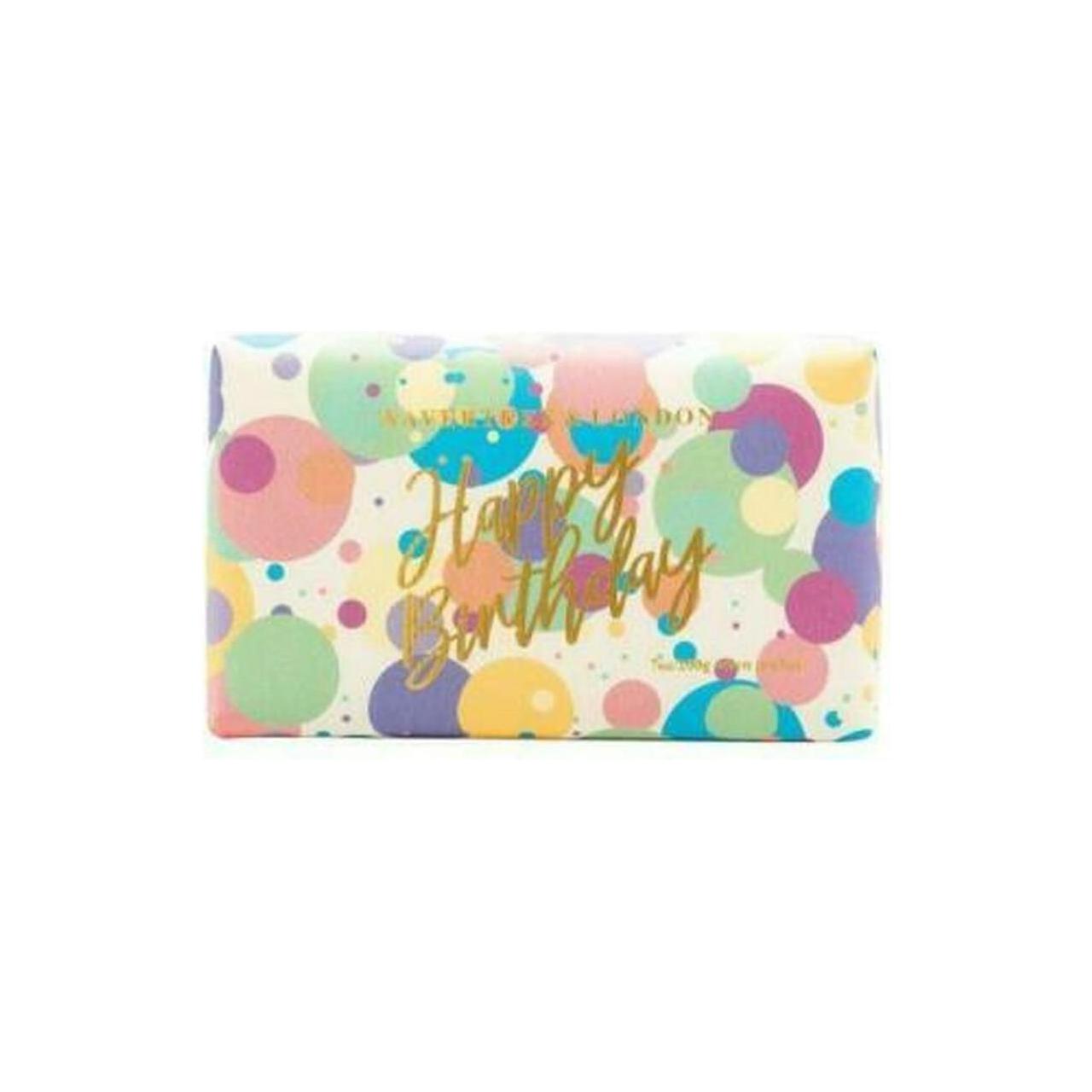 Australian natural Happy Birthday luxury soap bar by Wavertree & London, 7 oz, with elegant packaging and floral accents.