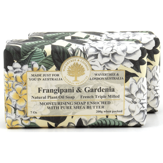 Wavertree & London luxury soap bar with frangipani and gardenia scent, 7 oz Australian natural soap bar, natural ingredients visible.