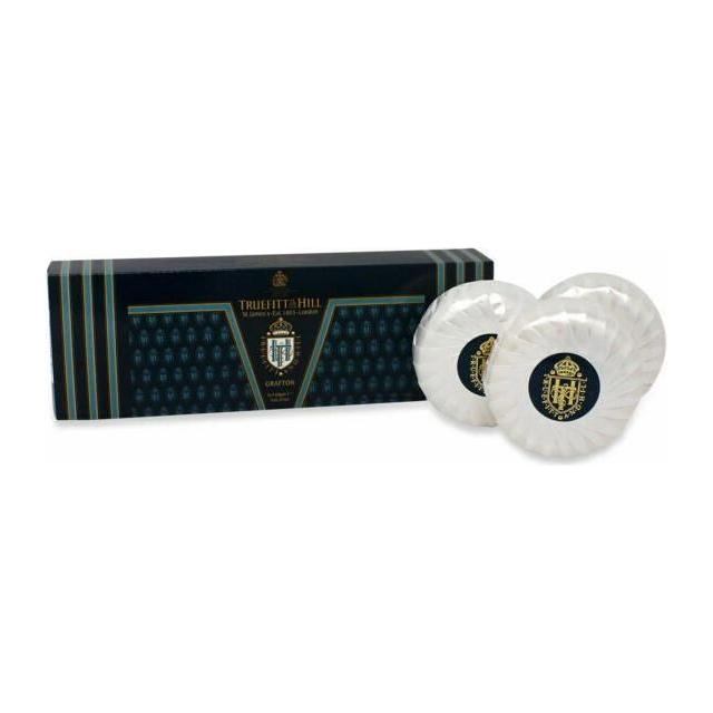 Truefitt & Hill Grafton luxury soap triple pack with three 150g bars, featuring elegant packaging and classic design.
