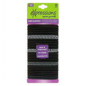 Black Expressions Hair Ties elastics by Pasteur Pharmacy, clasp-free, 32-pack, suitable for makeup and hair styling.