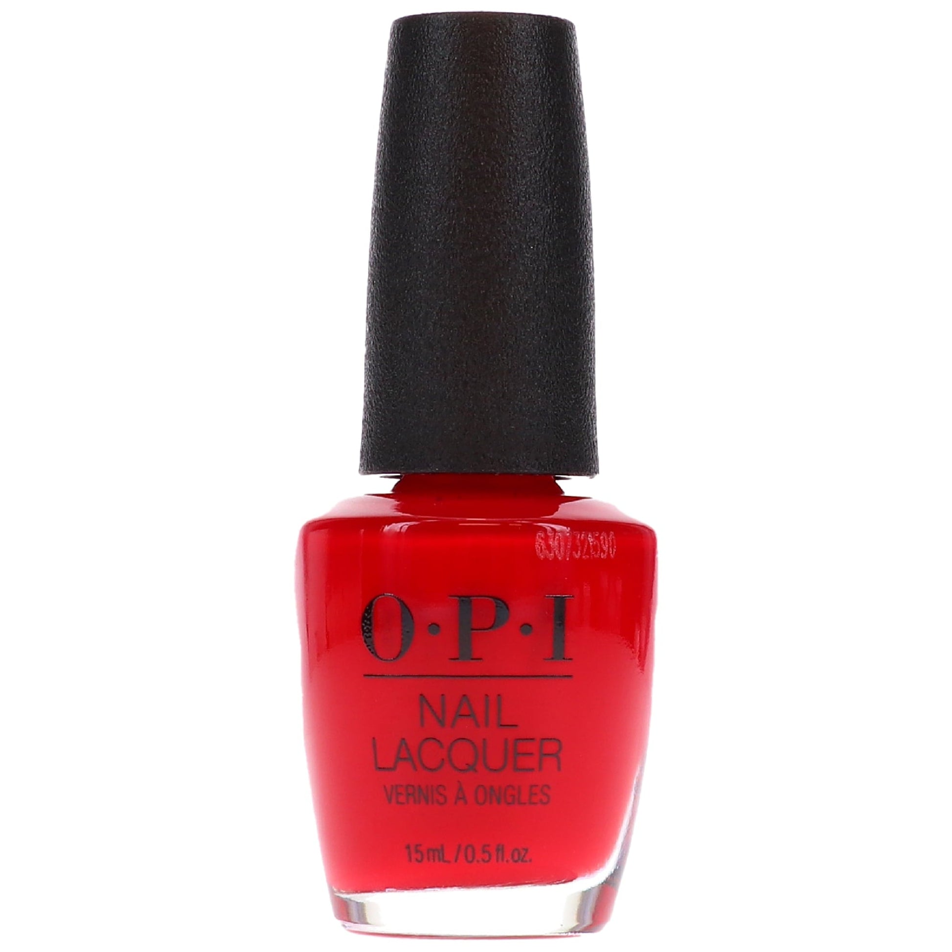 Red OPI nail lacquer bottle from Pasteur Pharmacy, 0.5 fl oz, showcasing shiny red nail polish in a sleek glass bottle.
