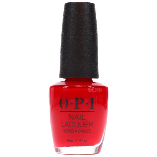 Red OPI nail lacquer bottle from Pasteur Pharmacy, 0.5 fl oz, showcasing shiny red nail polish in a sleek glass bottle.