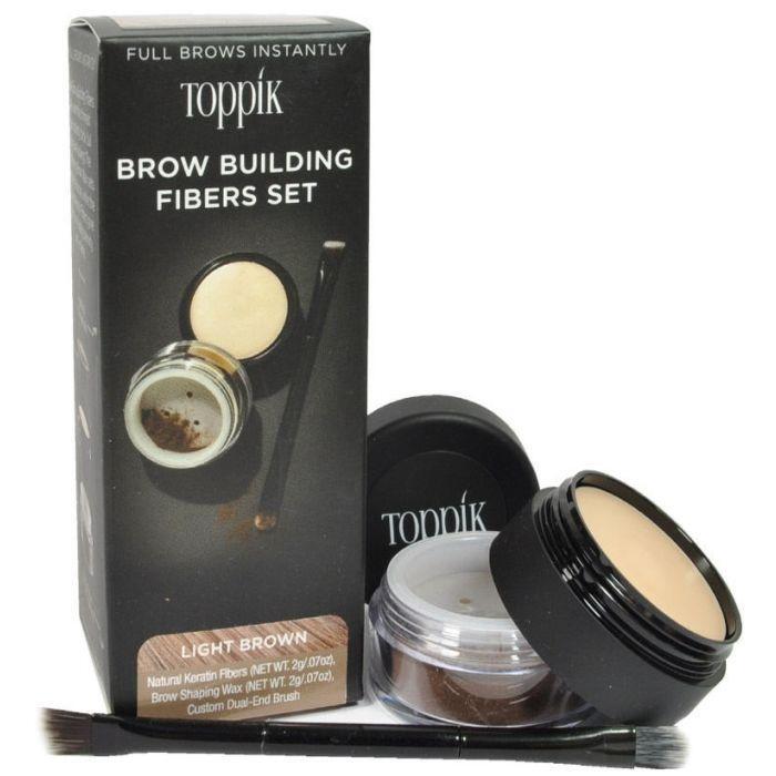 Toppik Brow Building Fibers Set in Light Brown by Pasteur Pharmacy, includes fibers and applicator for natural-looking brow enhancement.