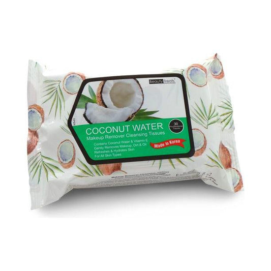 Beauty Treats Coconut Water Makeup Remover Cleaning Tissues by Pasteur Pharmacy, 30-count pack with soft, gentle cleansing cloths.