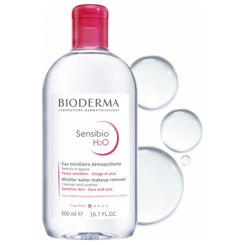 Bioderma Sensibio H2O makeup remover for face and eyes, water-resistant formula in a 500ml bottle, gentle and effective.