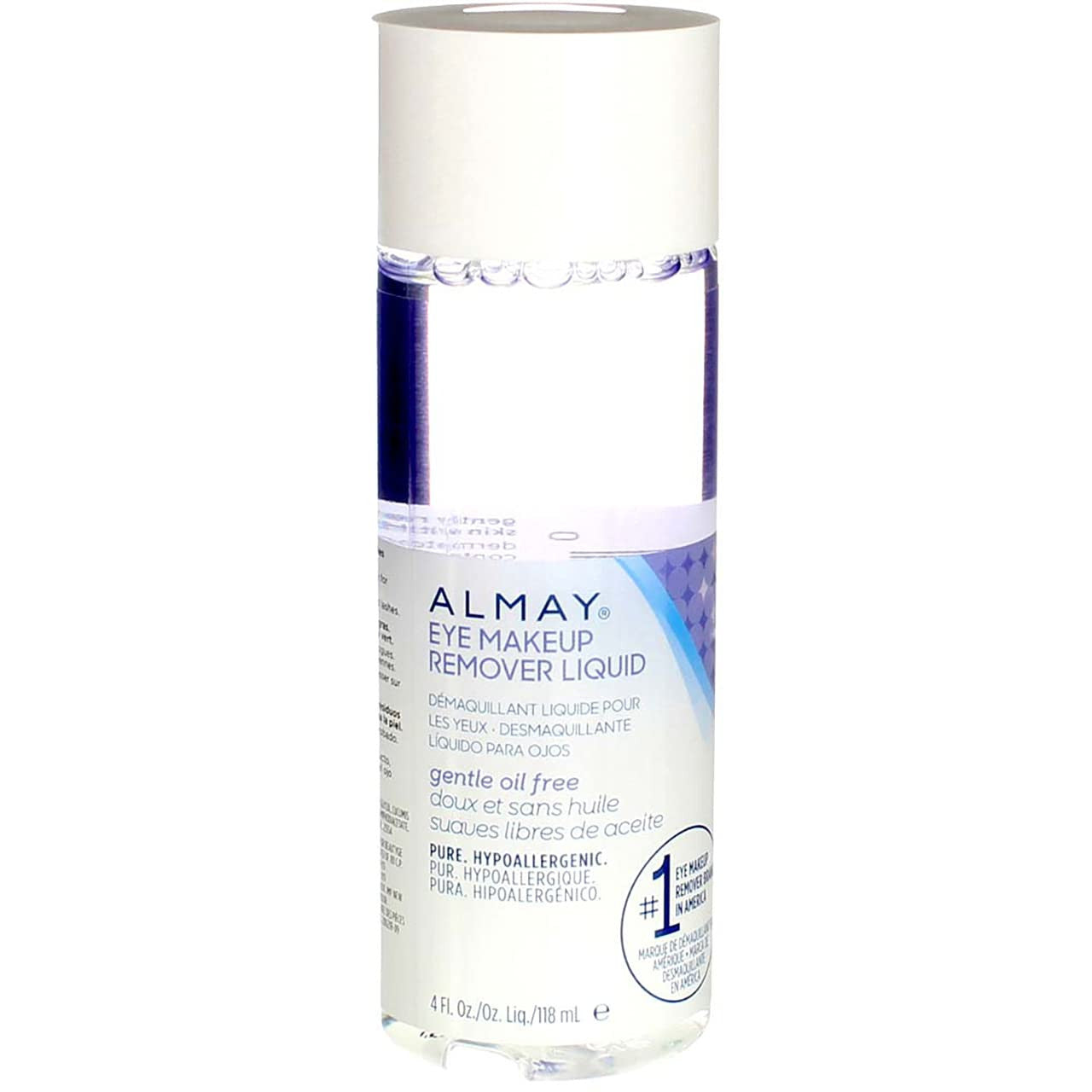 Almay Gentle Oil-Free Eye Makeup Remover liquid in a 4 fl oz bottle, suitable for gentle eye makeup removal.
