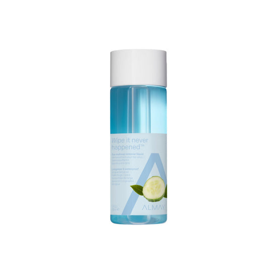 Almay Longwear & Waterproof Liquid Eye Makeup Remover in a 4 oz bottle, gentle formula for removing mascara and eye makeup.