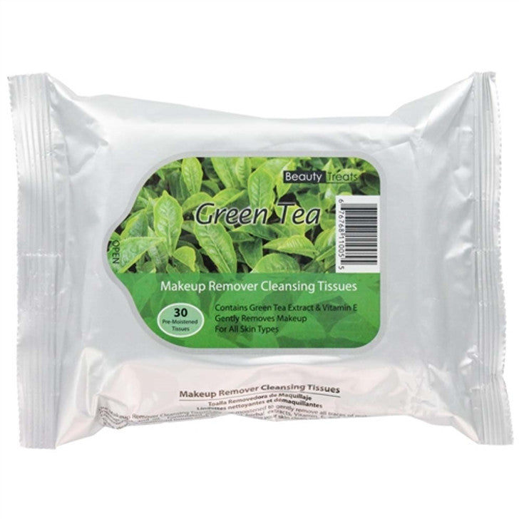 Beauty Treats Makeup Cleansing Tissues by Pasteur Pharmacy, green tea, 30-count, soft wipes for gentle makeup removal.