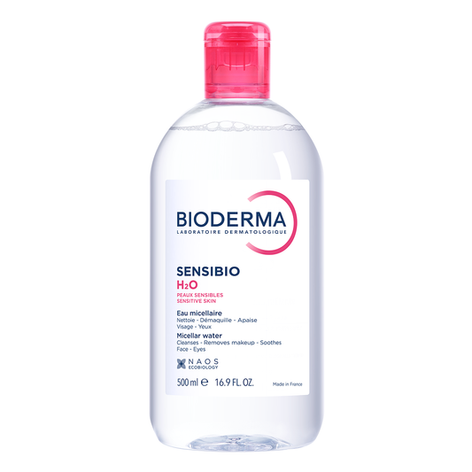 Bioderma Sensibio H2O Micellar Water for sensitive skin, 500 ml, makeup remover in a clear bottle with blue and white label