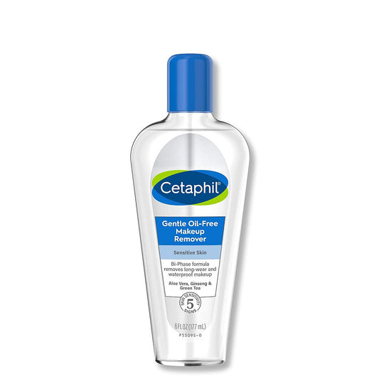 Cetaphil Gentle Waterproof Makeup Remover bottle, 6oz, with clear label, designed for gentle removal of waterproof makeup.