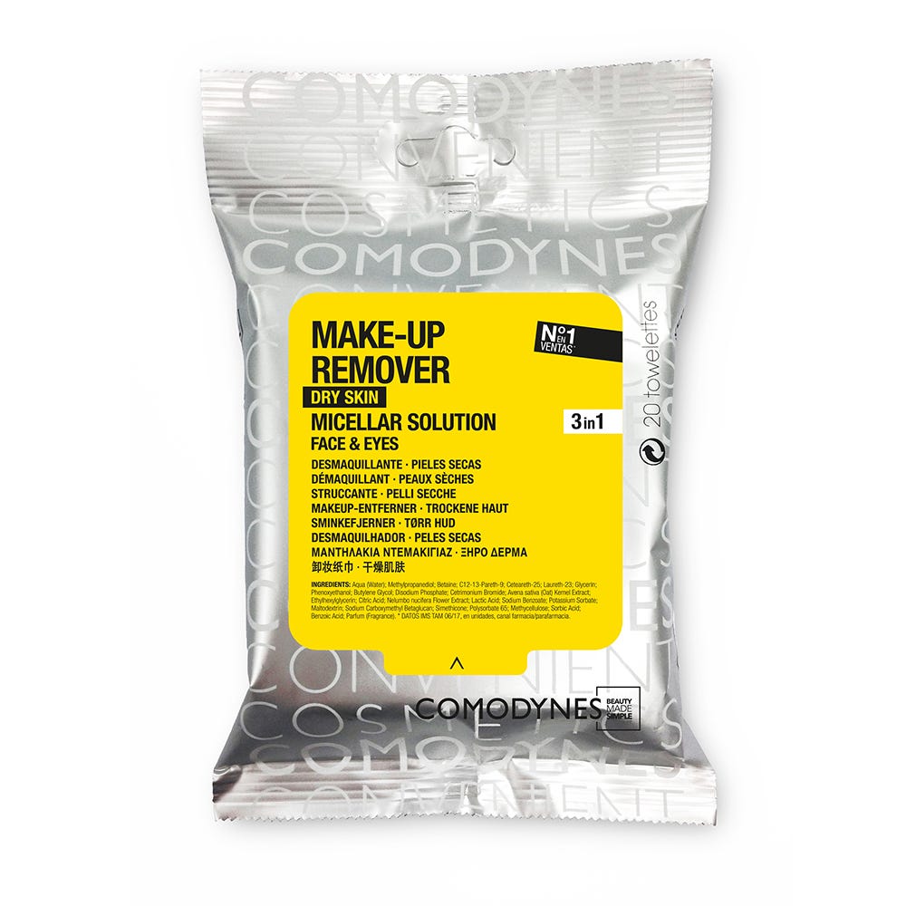 Comodynes makeup remover wipes with micellar solution for dry and sensitive skin, gentle and effective for facial cleansing.