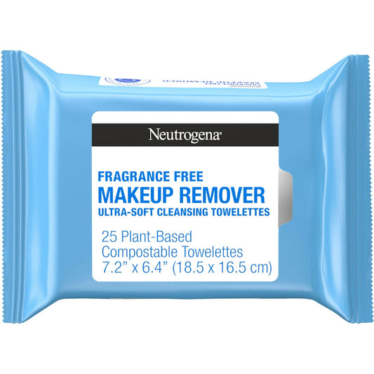 Neutrogena fragrance-free makeup remover face wipes from Pasteur Pharmacy, gentle for waterproof makeup, dirt, and oil, plant-based fibers.