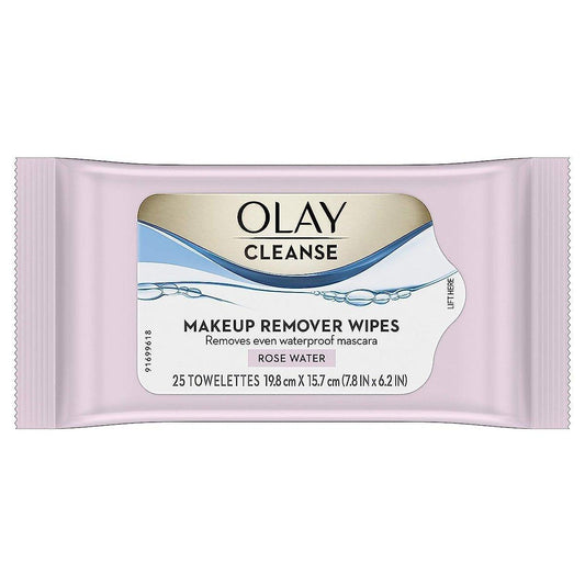 Olay Cleanse Rose Water Makeup Remover Wipes in a package, designed for gentle makeup removal with rose water for refreshed skin.