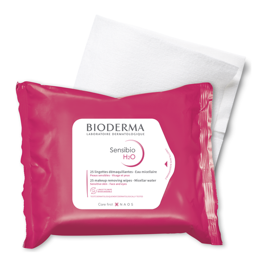 Bioderma Sensibio H2O makeup removing wipes by Pasteur Pharmacy, featuring micellar water for gentle facial cleansing.