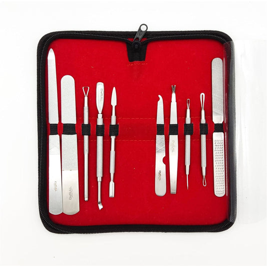 Dural Manicure, Pedicure, and Facial Kit with stainless steel tools in a leather case, by Pasteur Pharmacy.