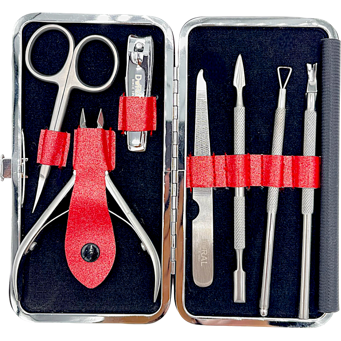 Red Dural Manicure Pedicure Kit by Pasteur Pharmacy, includes tools for professional nail grooming and care.