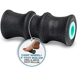 Manual massage tool called Chirp Foot Wheel Plus from Pasteur Pharmacy, featuring a textured wheel for foot massage therapy.