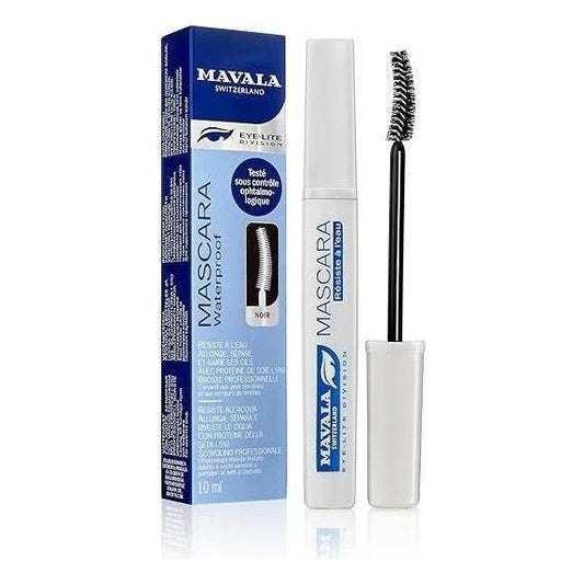 Black Mavala Waterproof Mascara in 10ml tube, designed to enhance lashes with long-lasting, water-resistant formula.