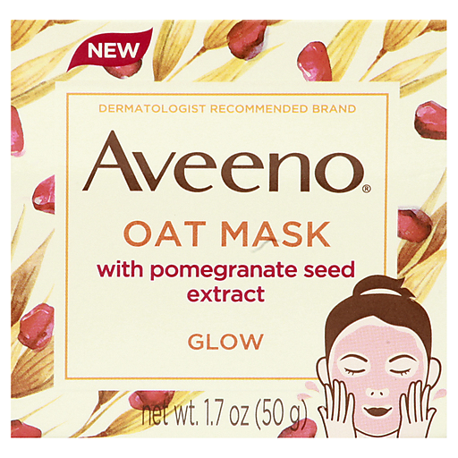 Aveeno Glow Oat Mask with Pomegranate Seed Extract, 1.7 oz, showing the skincare mask in a jar with fresh pomegranate seeds