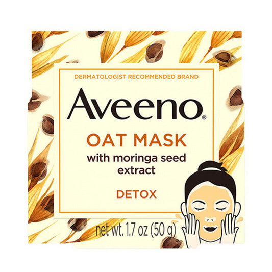 Aveeno oat mask with moringa seed extract in a 1.7 oz container, designed for nourishing and soothing skincare.