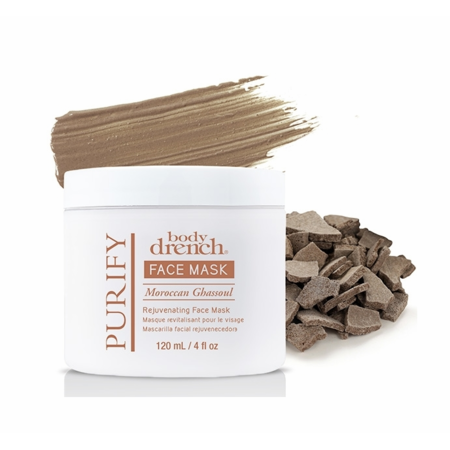 Body Drench Purify Moroccan Ghassoul face mask by Pasteur Pharmacy, 4 oz, showing the rejuvenating clay mask in a jar.