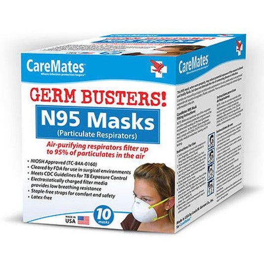 CareMates Germ Busters N95 masks by Pasteur Pharmacy, showing a close-up of the protective face masks for respiratory safety.