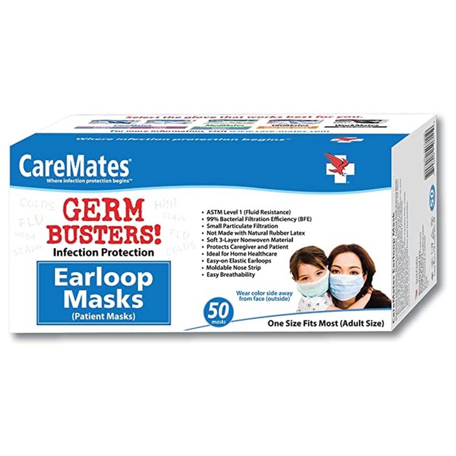CareMates earloop masks, 50-count package, disposable face masks from Pasteur Pharmacy with adjustable earloops and breathable fabric.
