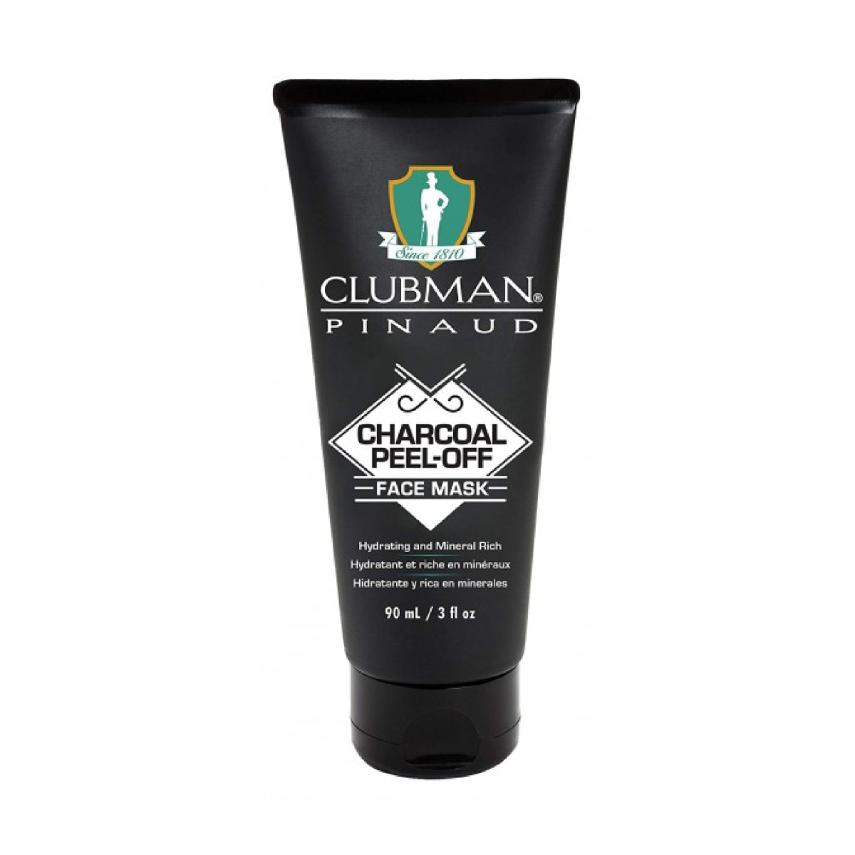 Clubman Pinaud Charcoal Peel-Off Face Mask 3 oz, a black mask applied to the face for cleansing and detoxifying skin.