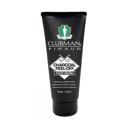 Clubman Pinaud Charcoal Peel-Off Face Mask 3 oz, a black mask applied to the face for cleansing and detoxifying skin.