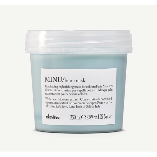 Davines Minu Hair Mask 250ml in a jar, nourishing treatment with natural ingredients for colored and damaged hair.