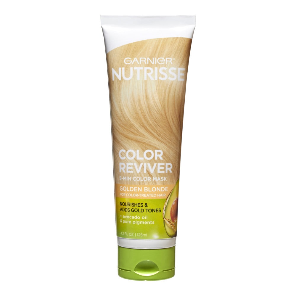 Garnier Nutrisse Golden Blonde Hair Mask in a 4.2 oz tube, nourishing formula to revive color and add shine to blonde hair.