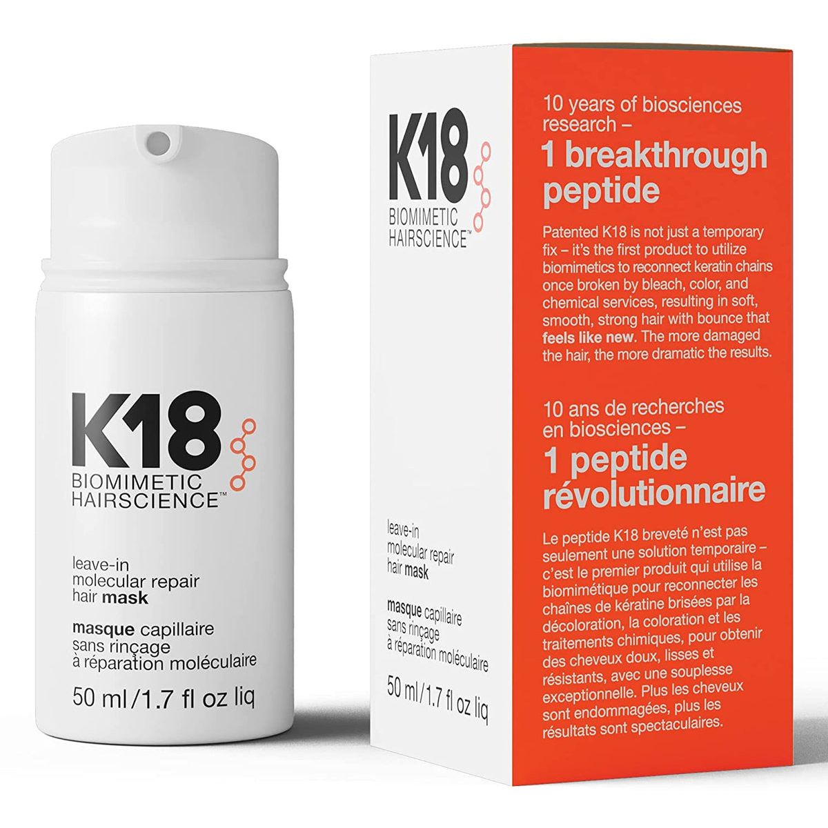 K18 Leave-In Molecular Repair Hair Mask in 50ml jar, designed to nourish and repair damaged hair.