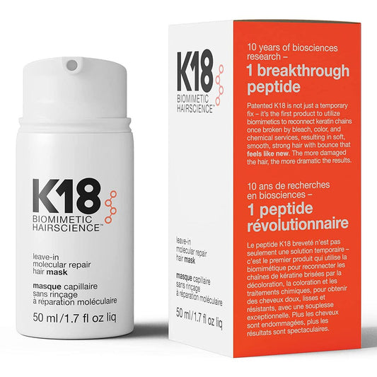 K18 Leave-In Molecular Repair Hair Mask in 50ml jar, designed to nourish and repair damaged hair.