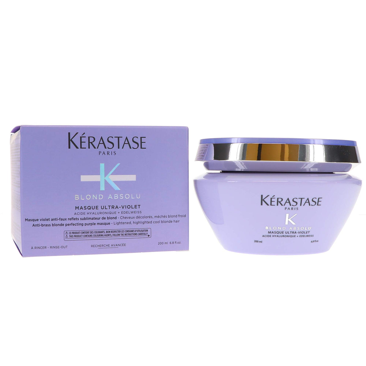 Kerastase Blond Absolu Ultra Violet Mask in 6.8 oz jar, unisex hair mask for blonde hair, purple color, creamy texture.