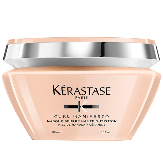 Kerastase Curl Manifesto hair mask in a jar, nourishing treatment with a rich, buttery texture for curly hair hydration and softness