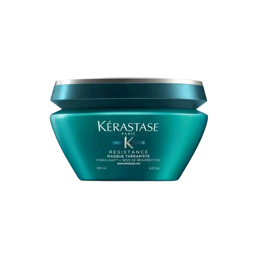Kerastase Resistance Masque Therapiste hair mask 200ml for damaged hair, shown in a sleek jar with product label.