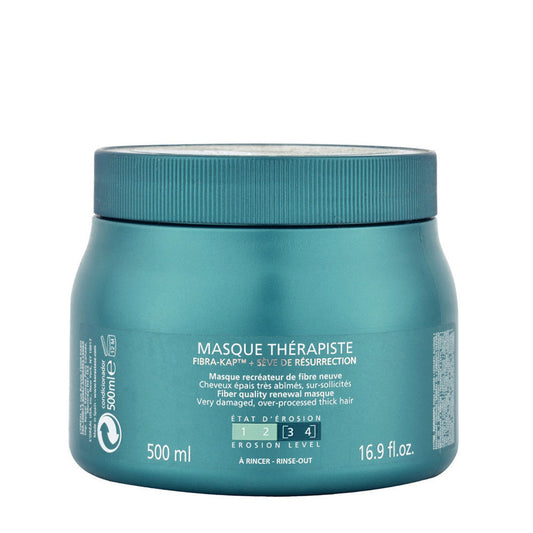 Kerastase Resistance Therapiste Masque 500ml, nourishing hair mask in a jar with a silver lid, designed for damaged hair repair.