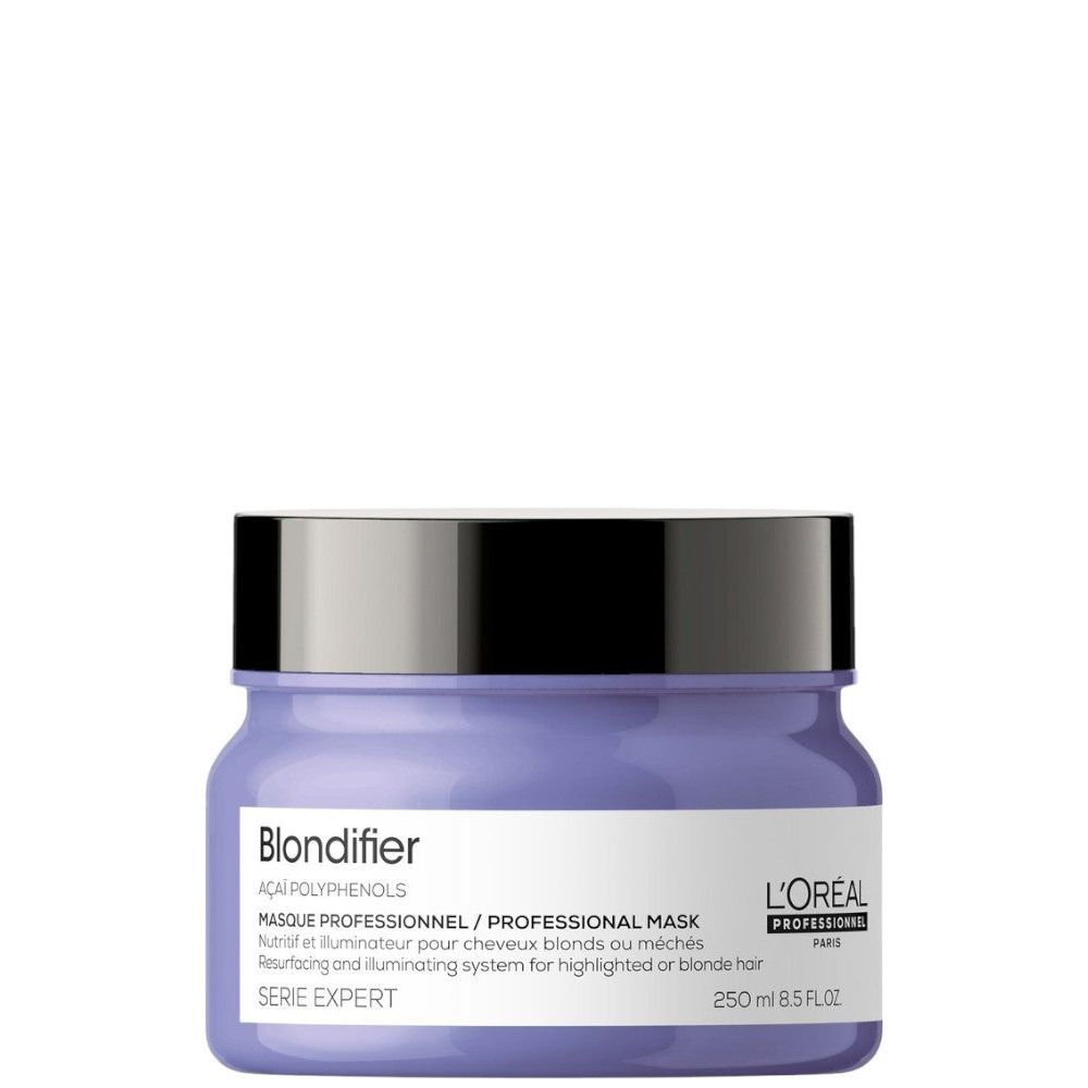 L'Oreal Professionnel Blondifier Blond Hair Mask 250ml in a jar, nourishing treatment for blond hair with a creamy texture.