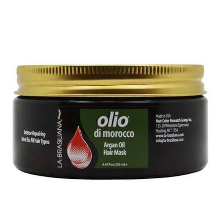 La-Brasiliana Haircare Argan Oil Hair Mask in 8.45 oz jar, nourishing treatment for soft, shiny hair with Moroccan argan oil