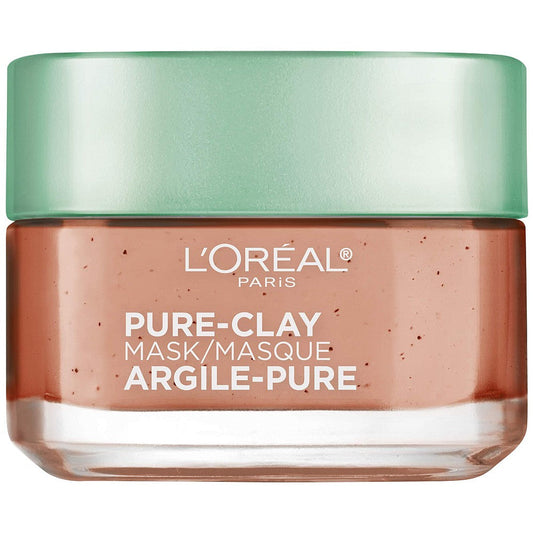 L'Oreal Paris Exfoliate & Refine Pores Pure Clay Mask in 1.7oz jar, showcasing the clay mask product for deep pore cleansing.