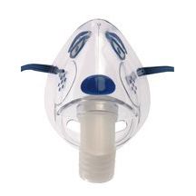 A Devilbiss Ped Puppy aerosol mask for medical use, shown in a neutral color with adjustable straps and soft sealing edges.