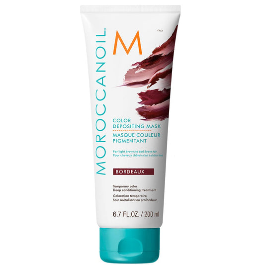 Moroccanoil Color Depositing Mask Bordeaux in 200ml jar, nourishing hair mask with rich red wine color for vibrant hair care.